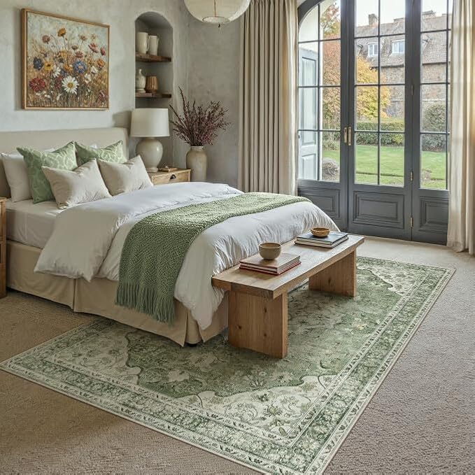 Sage Green Area Rug 9x12 Living Room Vintage Non-Slip Carpet | Machine Washable, Soft, Low Pile, Distressed, Large for Bedroom, Dining Room, Office, Retro Farmhouse Decor