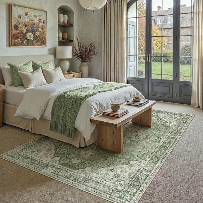 Sage Green Area Rug 8x10 Living Room Vintage Non-Slip Carpet | Machine Washable, Soft, Low Pile, Distressed, Large for Bedroom, Dining Room, Office, Retro Farmhouse Decor
