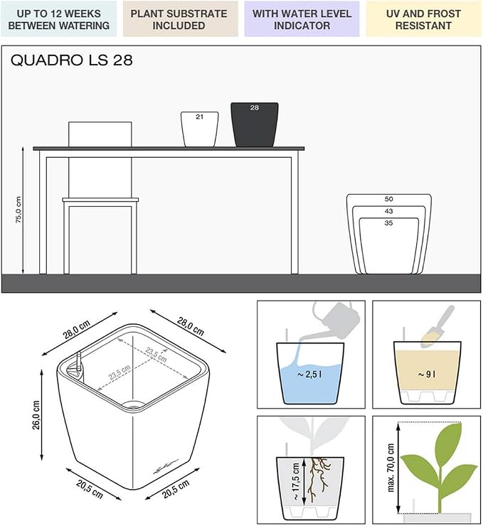 Lechuza Quadro LS 28 Charcoal Metallic, Self-Watering Square Planter, H10.2 L11 W11 in
