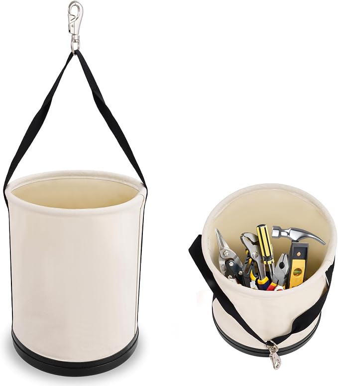 2 Pack Utility Canvas Tool Bucket 15" x 12" All Purpose Canvas Bag,Oval Truck Tool Organizer with Plastic Bottom Metal Hook for Industrial Maintenance Construction Sits