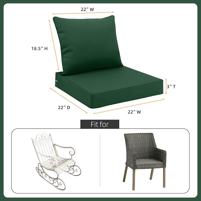 Favoyard Outdoor Patio Seat Cushion Set, 22x22 Inch, Water & Fade Resistant | Removable Cover Patio Furniture Cushion, Deep Seat & Back Cushion, Tie Straps Pads for Chair, Sofa, Couch, Dark Green