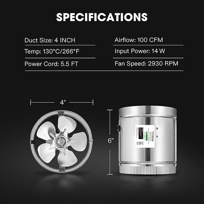 VIVOSUN 4" Metal Inline Fan 100 CFM, Exhaust Fan for Home Ventilation (Pack of 2)