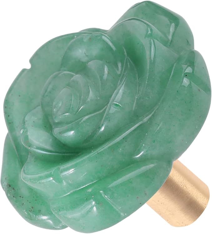 mookaitedecor Set of 4 Natural Green Aventurine Crystal Cabinet Knobs with Screws, Decorative Floral Stone Drawer Pulls for Dresser Door Kitchen