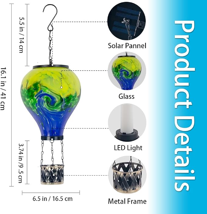 Solar Hot Air Balloon Lantern with Flame | Handmade Glass, Solar Lantern Waterproof, Decorative Lamp for Patio, Garden, Porch, Green & Blue