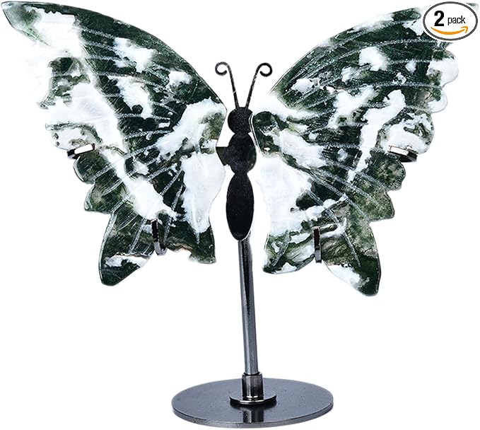 JIC Gem Aquatic Agate Crystal Stone Butterfly Art Decorative Healing Crystal Slices Carved Angel Wings with Silver Stand Office Home Decor Reiki Gifts (1pair, 10cm)