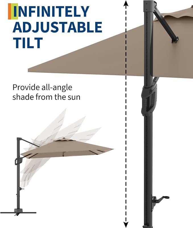 PeakPursuit 10' x 10' Square Cantilever Umbrella - Heavy Duty Aluminum Patio Sun Shade Offset Umbrella with 360-Degree Rotation for Outdoor Decor, Backyard, Deck, Pool