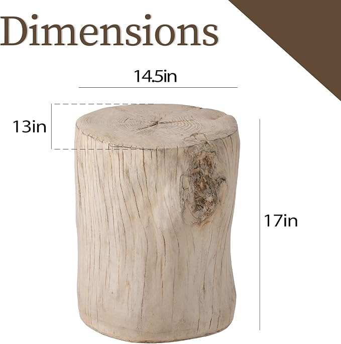 COSIEST 2 Pieses Outdoor Side Table, Hand-Painted Wood Stump Side Table Set of 2, Faux Wood Stool, Ottomans, Plant Stand, Deck or Garden (Antique Beige)