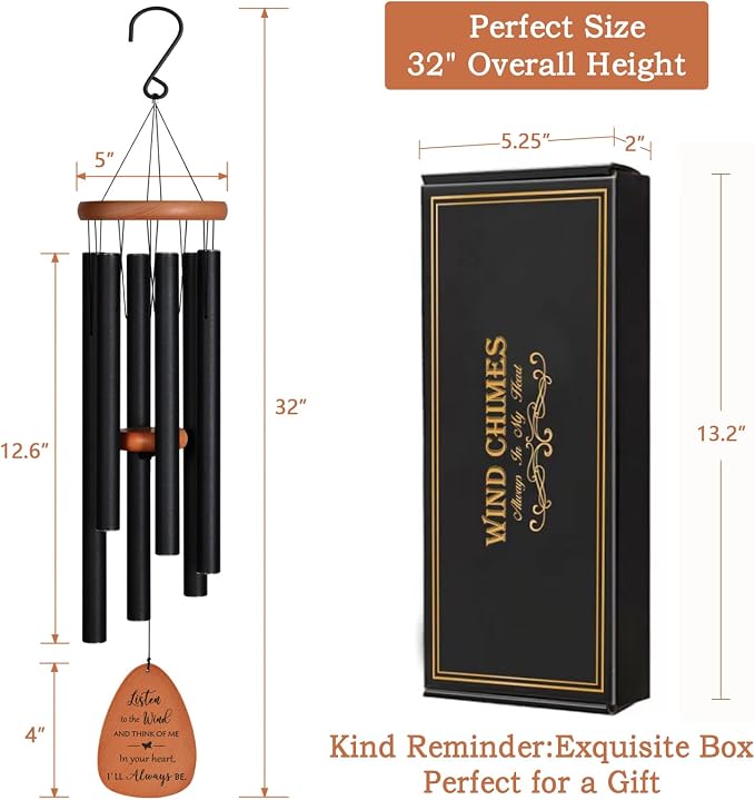 Memorial Wind Chimes for Loss of Loved One, 32" Sympathy Wind Chimes in memory of a Loved One - Beech Wood & 6 Tubes, Bereavement Gifts for Loss of Mom or Dad, Sympathy Gifts for Funeral & Remembrance