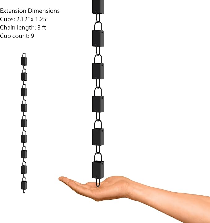 Rain Chains Direct Square Link Rain Chain Extension, 3 Feet in Length, Aluminum, Black Powder Coated, Functional and Decorative Replacement for Gutter Downspouts