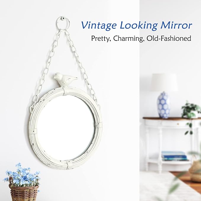 NIKKY HOME 6.7 Inch Decorative Small Hanging Mirrors Vintage Rustic Round Metal Framed Wall Mounted Mirror Decor with Bird for Bathroom Living Room Office, Rustic White