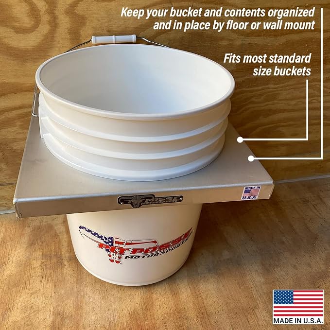 Pit Posse PP3352 5 Gallon Bucket Holder Rack Stand - Made in USA - Bucket Storage Mount for Garage, Enclosed Race Trailer, Automotive Work Shop, Snowmobile - Fits Yeti or Standard 5 Gal Buckets