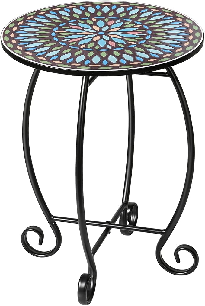 14" Round End Table, Unique Relief Ceramic Tile Tabletop with Metal Frame, Metal Scrollwork Accent Side Table