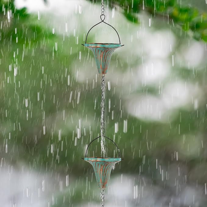 10 Ft Rain Chains for Gutters, Metal Rain Catcher Chain for Eaves Drainage, Rain Gutter Chains with 10 Green Funnel Cups, Adjustable Rain Chain for Outdoor Decor