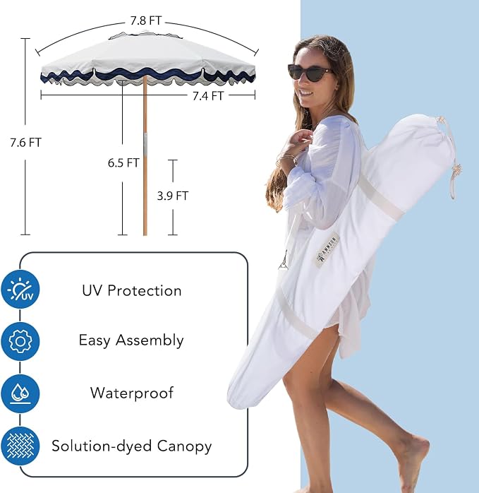 AMMSUN 7.8FT Outdoor Patio Umbrella, Boho Market Table Umbrella Wood Pole | Heavy-Duty Build Quality, UPF 50+ Sun Protection and Waterproof Canvas, Hand-Crafted Ash Wood Pole, Air Vent, a Carry Bag