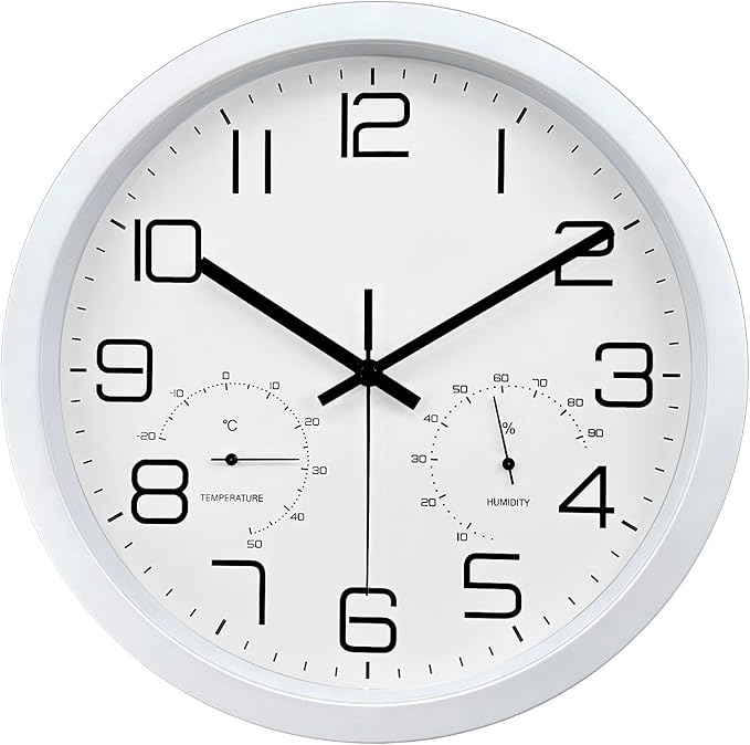 12 Inch Wall Clock with Temperature and Humidity, Wall Clocks Battery Operated, Silent Non-Ticking Large Numbers Analog Clock for Bedroom Living Room Office Kitchen Farmhouse Outdoor, White, Celsius