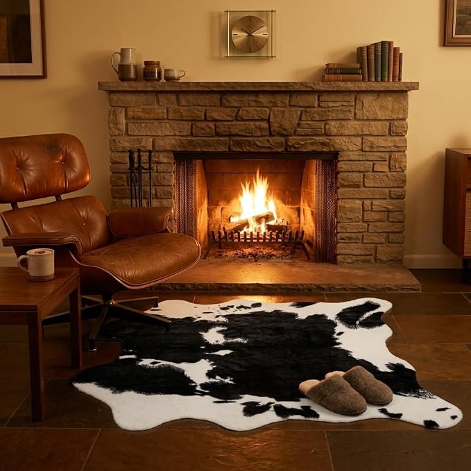 MustMat Cow Print Rug, Faux Cowhide Rug for Mid-Century Modern 4'7''×5'3'' | Black & White, Fits Living Rooms, Bedrooms. Matches Industrial & Minimalist Decor, Great For Holiday & Birthday Use