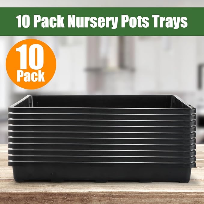 RooTrimmer 10 Pack Nursery Pots Trays (17"x11"x2"), Plastic Flat Seed Starter Trays, Durable Carrying Seedling Starter Tray, Reusable Tray for Planting and Collecting Drainage Water (Black)
