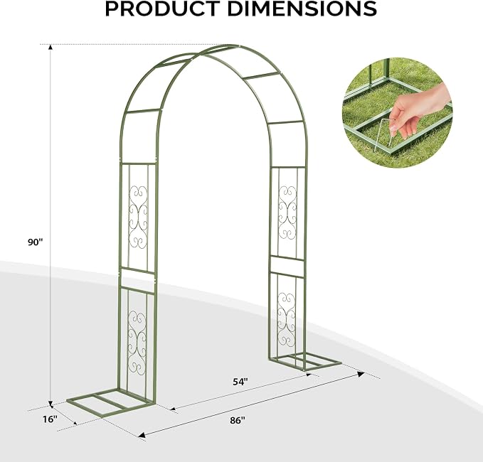 Outvita Garden Arch Trellis with Base, Heavy Duty Metal Arbour Archway for Climbing Plants Outdoor, Wedding Ceremony Party Patio Decor Olive Green