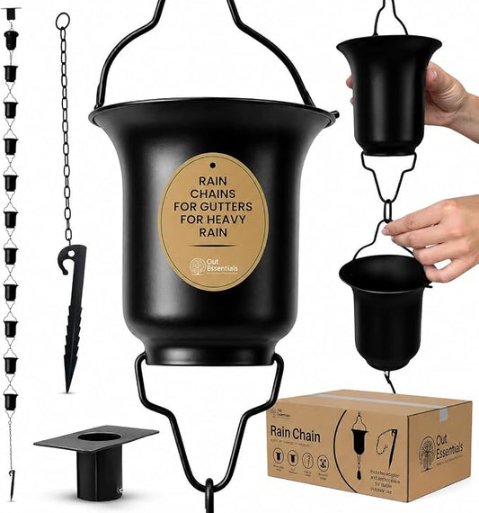 Black Rain Chain 9 FT, 11 FT Installed with Anchor Stake and Gutter Adapter, Durable Heavy Duty Rain Chains for Gutters for Heavy Rain, Rust Resistant, Outdoor Decor for Homeowners