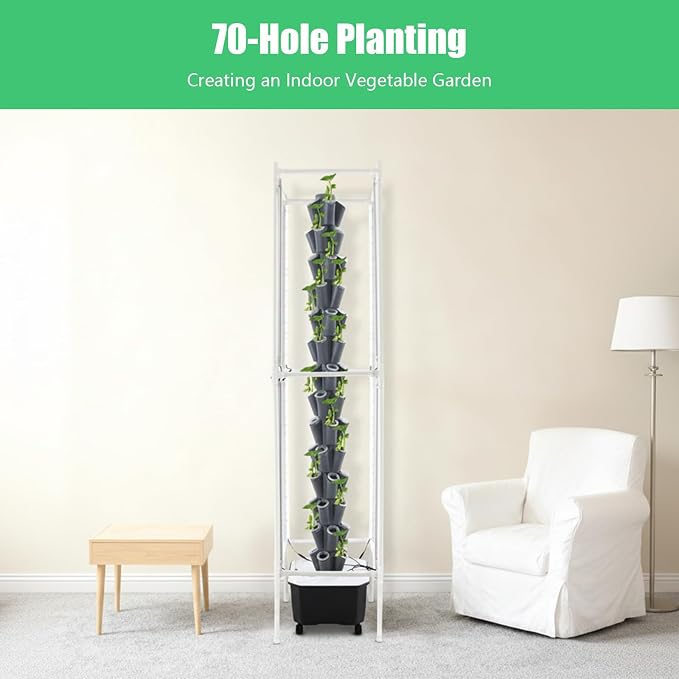 70 Holes Indoor Hydroponic Grow Tower with 8 LED Lights, 14 Layer Vertical Hydroponic Gardening Tower with Wheels, Timer, Garden Growing System Kit or Home, Office, Balcony, Kitchen, 84.64'' H