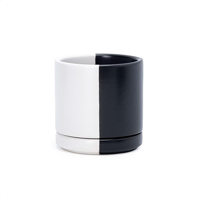 D'vine Dev 3.5 Inch Ceramic Planter Pot with Drainage Hole and Saucer, Indoor Cylinder Round Planter Pot, Split Monochrome Black & White, 94-O-A-0