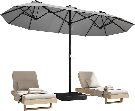 DomeShade 15ft Patio Umbrella with Base,Large Outdoor Double-Sided Rectangle Umbrella with Crank Handle, Market Umbrella for Poolside Garden Deck Backyard Beach Pools, Gray