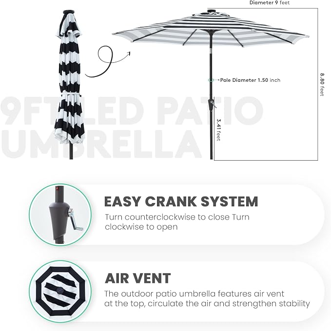 JEAREY 9FT Outdoor Patio Umbrella with Solar Lights, LED Lighted Pool Umbrella with Tilt and Crank, Outdoor Table Umbrellas for Deck, Yard & Market (Black & White Stripe)
