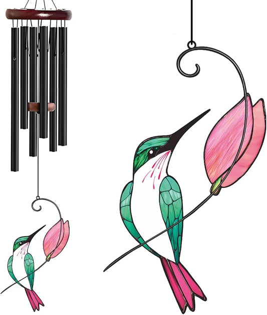 Personalized Metal Wind Chime Garden Sign, 40 Inch Outdoor Colorful Bird & Flower Memorial Decor, Yard Hanging Plaque for Patio Porch Lawn (JSTY367)