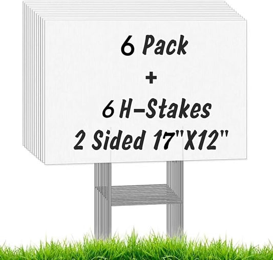 IKAYAS 6 Pack Blank Yard Signs with Stakes, 17 x 12 Inches Garden Yard Signs Yard Sale Signs for Party Yard Decorations,Garage Sale, Guidepost, Open House (White)