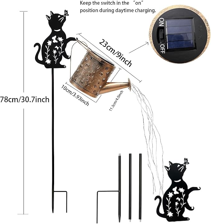 Solar Watering Can with Metal Cat and Dog Figures, Hanging Garden Decoration, Outdoor Garden Gift for Women