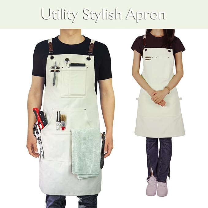 10 Pack Kitchen Apron, Work Apron, Canvas Apron, White | Multiple Pockets, Gardening, Painting, BBQ, Artist, Carpenter, Sizes M to XXL