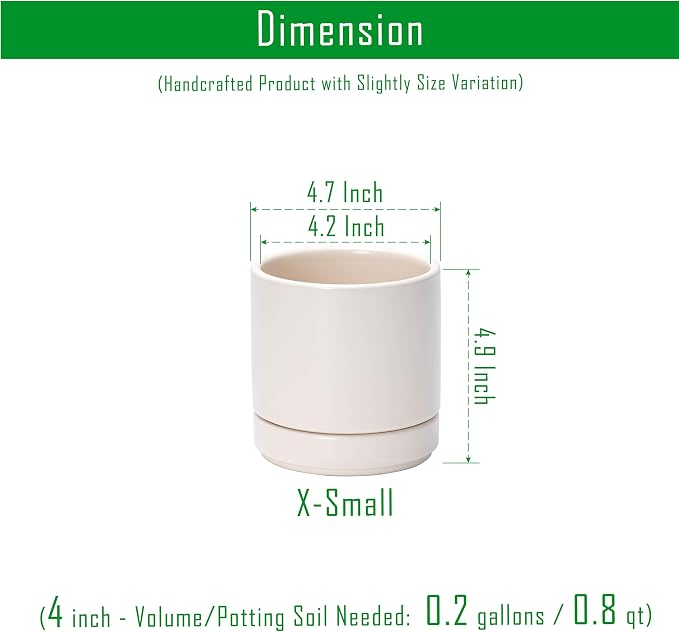 D'vine Dev Set of 4 Small Ceramic Plant Pots, 4.7 Inch Succulent Planter Pot for Plants with Drainage Hole and Saucer, Oatmeal, 94-X-B-8