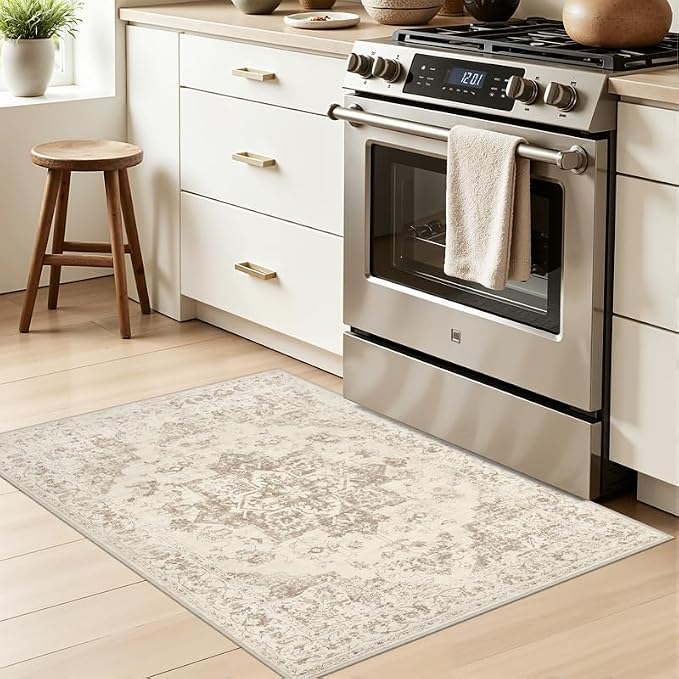 Washable Area Rugs 2x3: Living Room Bedroom Carpet Beige/Ivory | Vintage Boho Indoor Decor Soft Small Entryway Throw Neutral Kitchen Bathroom Laundry Floor Non-Slip Low Pile Entrance Rug