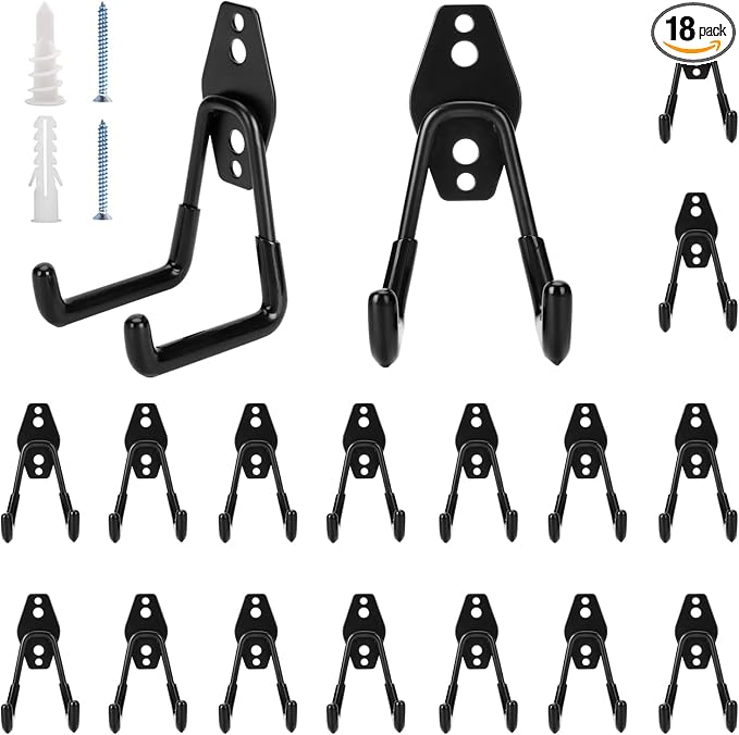 18 Pack Garage Hooks Heavy Duty - Supports 100 lbs | Utility Steel Garage Hanger & Organizer for Organizing Garden Lawn Tools, Ladders, Garden Hose, Digging Shovel, Bikes, Ropes