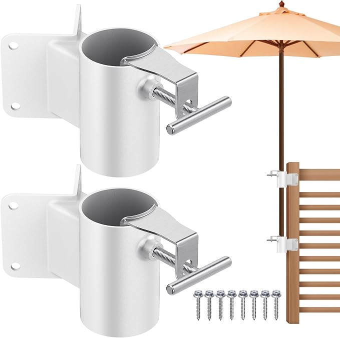 Heavy Duty Deck Railing Umbrella Holder, Patio Umbrella Stand for 1-2 Inch Poles, Space-Saving Design, Secure & Sturdy Corner Mount for Deck Railing, Balcony, Outdoor Courtyard, White