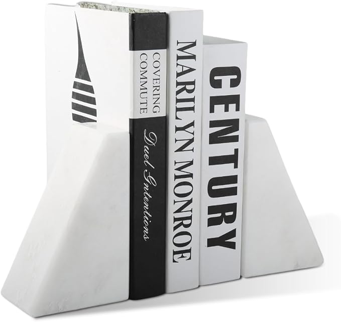 Karibiber Marble Book Ends Decorative, Unique Bookends for Shelves, White Stone Bookends Holds Heavy Books, Weighted Book Holder Stopper for Home Office Desk Bookshelf Decoration, Set of 2