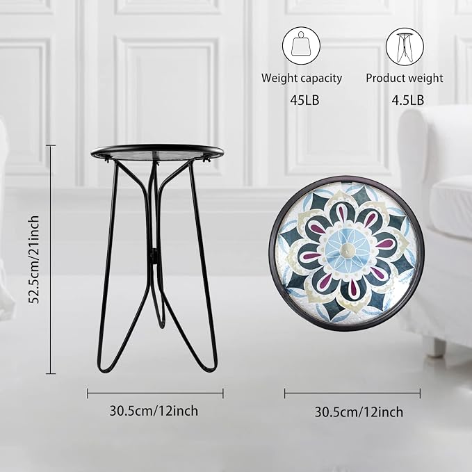 LIFFY Outdoor Side Table,12" Indoor Small Round Glass Tabletop Accent Table with Metal Frame, Home Decorative Plant Stand & End Table Outside for Patio, Garden, Yard, Kitchen, Porch