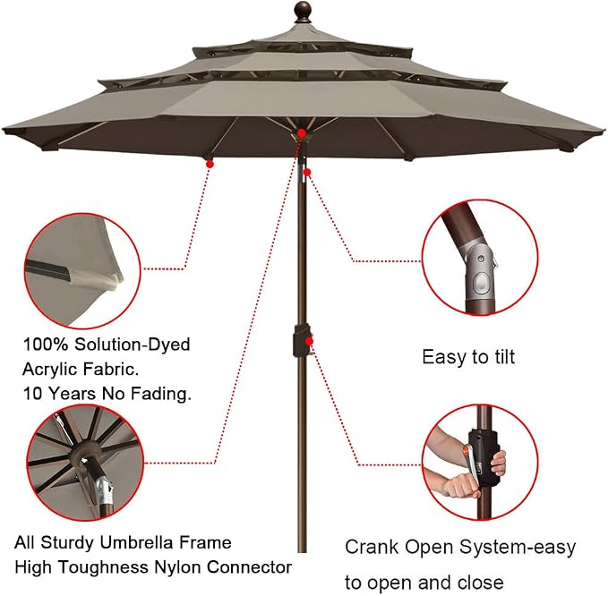 EliteShade USA 10-Year-Non-Fading 9ft 3-Tier Market Patio Umbrella, Commercial Grade Outdoor Table Umbrella with Crank Open, Windproof & UPF 50+ UV Protection, Heavy Duty Ventilation for Garden, Deck, Pool, Backyard, Beach & Bistro, Taupe