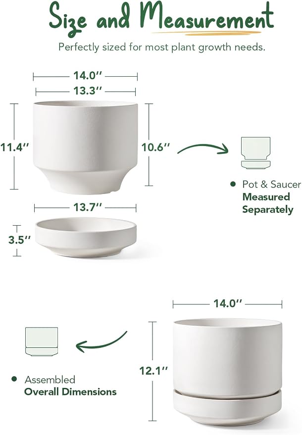 LE TAUCI Large 14 Inch Plant Pot with Saucer | Ceramic Outdoor & Indoor Big Planter Pot | Drainage Hole, Mesh Pad | Unglazed Porous | Modern Minimalist for Home and Patio – Chalk White