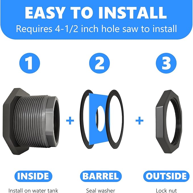1 Pcs 3 Inch Bulkhead Fitting PVC - Heavy-Duty Plumbing Kit for Water Tank, Aquariums, Rain Barrels & Pools with Reinforced Seals (Female/Internal Thread, Requires 4-1/2" Hole Saw)