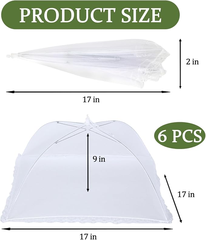 6 Pack Food Tents/Food Covers for Outdoor Mesh Screen Include 6 Standard (17"X 17") Collapsible and Reusable Mesh Food Covers for Outside, Picnic Accessories, BBQ