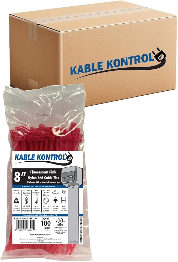 Kable Kontrol Fluorescent Pink Zip Ties 8 Inch 10,000 Pcs, 50 Lbs Tensile Strength, Bulk Pack, Self-locking Nylon Colored Cable Ties Wire Wraps for Indoor or Outdoor Use