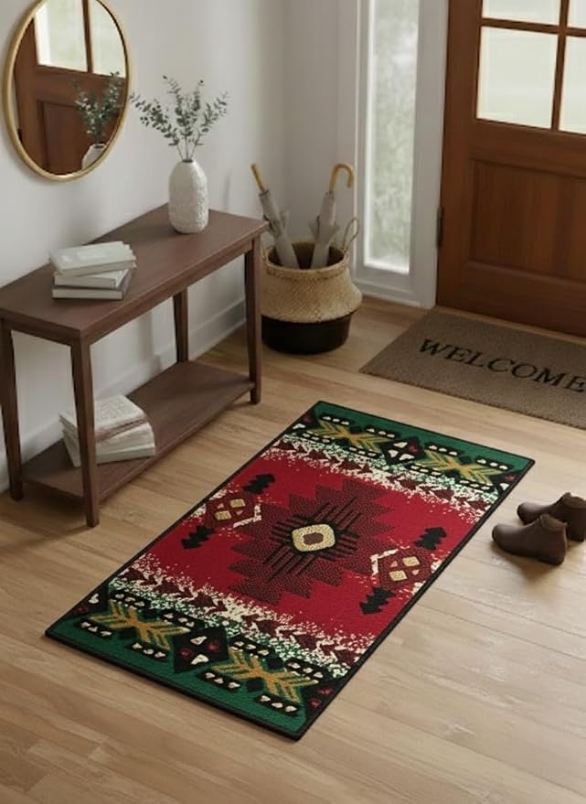 YHSF South West Native American Area Rug C318 - Easy Clean, Thick, Soft, Durable Native Tribal American Indian Inspired Rug for Bedroom/Living Room and More - Red, 16 Inches x 28 Inches