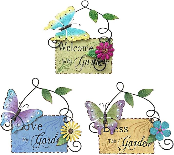 Linfevisi Metal Garden Welcome Sign Decor Rustic Hanging Plaque Decorative Garden Hanging Sign Garden Door Sign with Butterfly Daisy Outdoor Front Porch Yard 10 Inch (Blue, Green and Yellow)