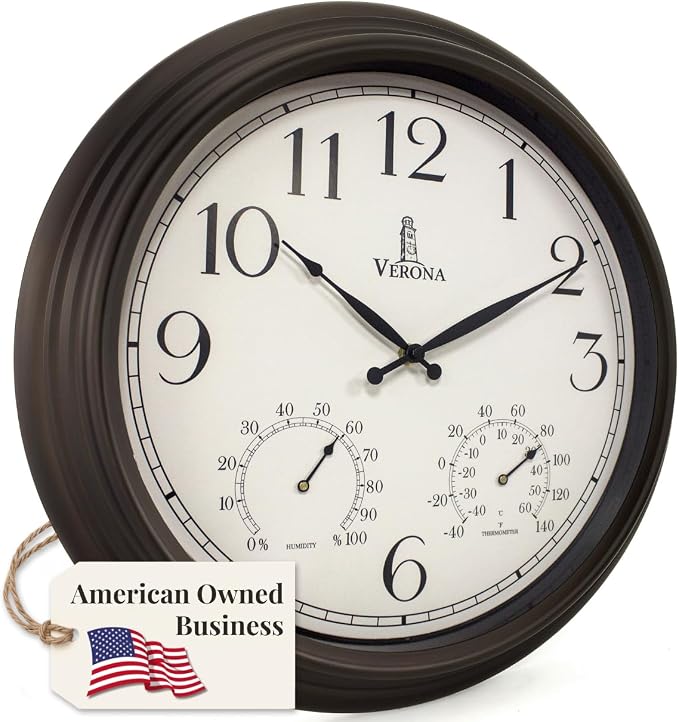 18 inch Outdoor Clocks for Patio Large Waterproof with Thermometer - Black Indoor Outdoor Clock with Temperature and Humidity for Wall - Weatherproof, Accurate & Easy to Read for Pool, Patio & Garden