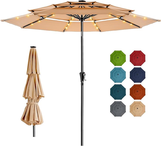HOMSHADE 3-Tier Patio Umbrella with Solar Lights(Beige,No Base) | 5-Year Fade Resistant;32 LED Lights;Windproof;8 Thicker Ribs;UPF50+;Pool,Lawn,Garden,Deck