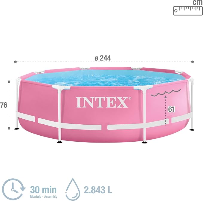 Intex 2.44m x 76cm Pink Metal Frame Pool, Set-up Size: 2.44m x 76cm (28290NP)