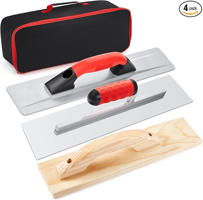 MorningRo 4 Pcs Concrete Tools Set Includes Cement Magnesium Hand Float 16'' x 3-1/8'' Wood Hand Float Finishing Trowel 15'' x 3-1/2'' Stainless Steel Finishing Trowel 16'' x 4'' and Tool Bag
