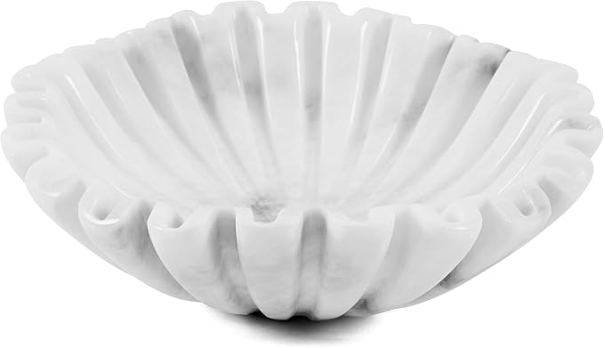 Marble Large Decorative Bowl Handmade 10 Inch White Ruffle Bowl, Scalloped Bowls for Home Decor, Modern Fruit Bowl for Kitchen Counter, Stone Fluted Bowl for Housewarming Gifts