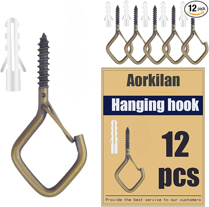 12-Pack Heavy-Duty Bronze Screw Eye Hooks with Safety Clips | Metal Ceiling Hooks for Hanging Plants, Wind Chimes, Bird Feeders & Indoor/Outdoor Lights